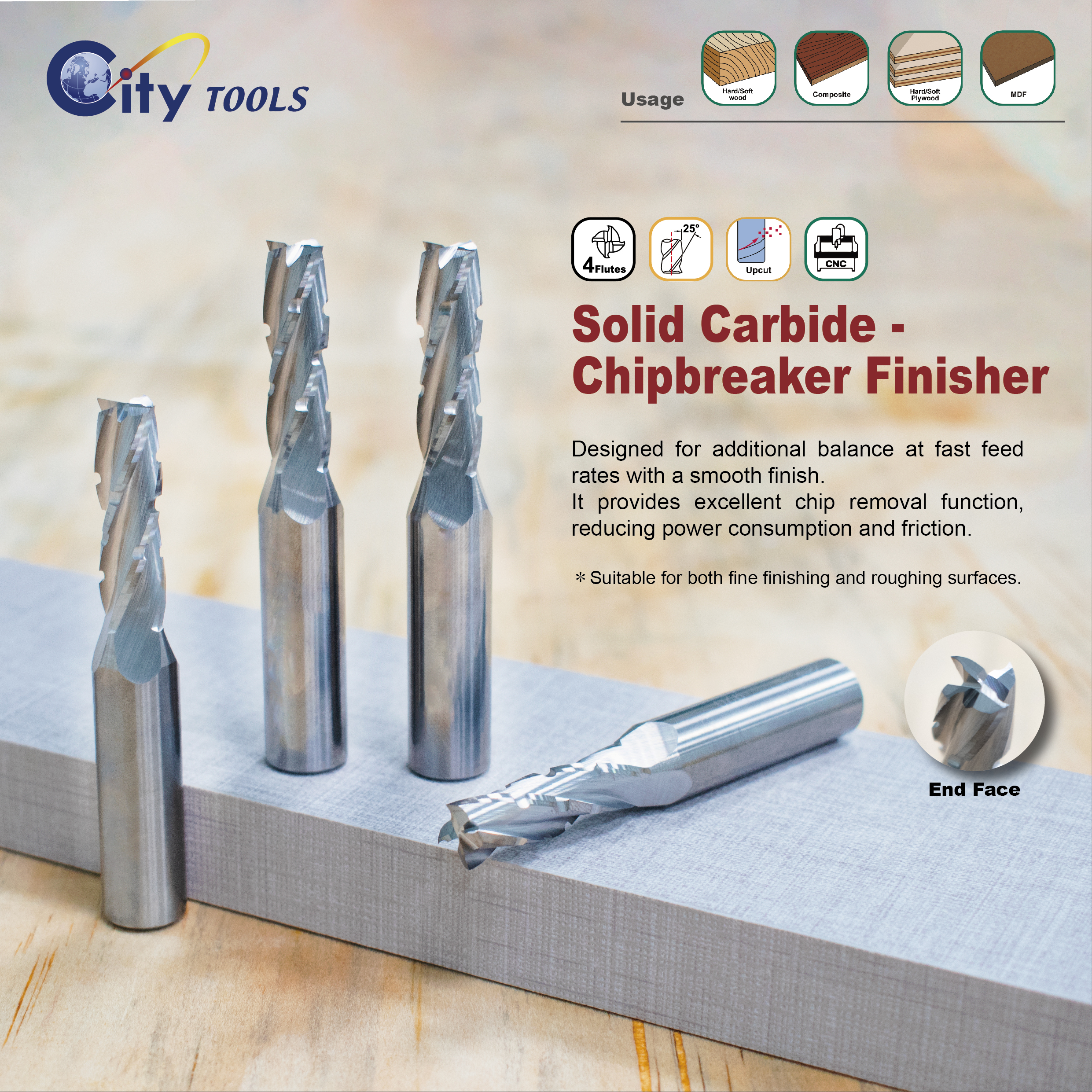 Solid Carbide -  Chipbreaker Finisher - Four Flute - Upcut